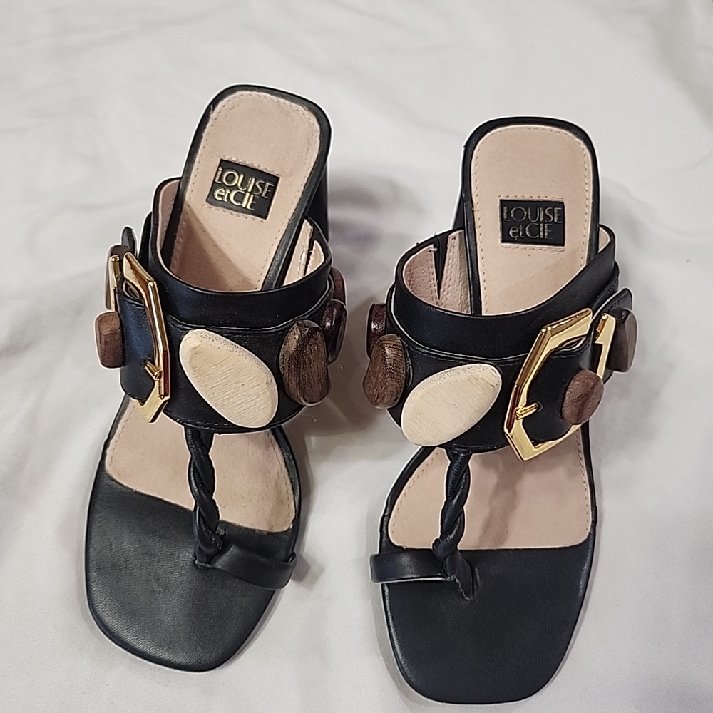Louise et Cie Black and Gold Sandals with Wood Accents